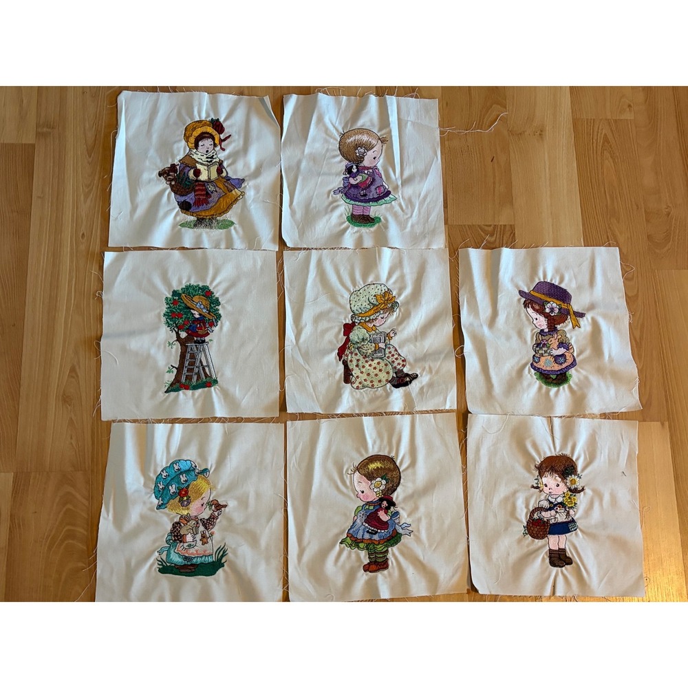 Machine Embroidered Quilt Blocks 1970s Prairie Girls Holly Hobbie Style Lot 9x9"